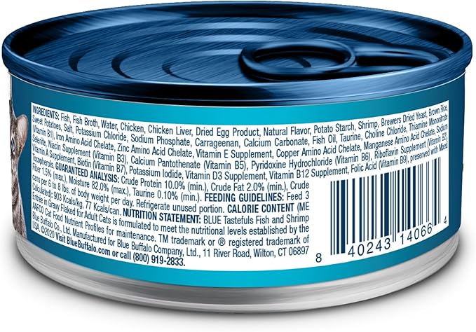 Blue Buffalo Tastefuls Flaked Wet Cat Food, Made with Natural Ingredients, Fish and Shrimp Entrée in Gravy, 5.5-oz Cans (24 Count)