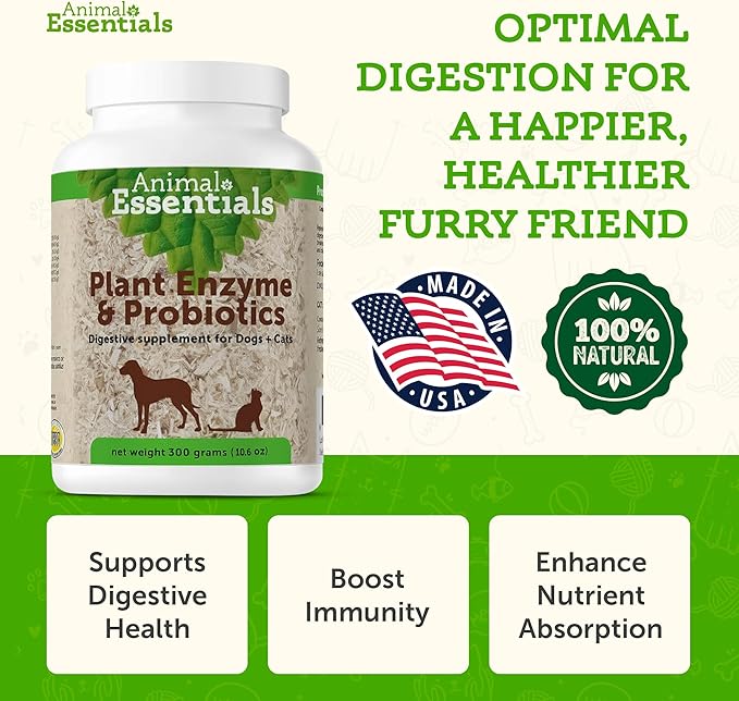 Animal Essentials Plant Enzyme & Probiotics - Digestive Enzymes for Dogs & Cats, Probiotics, Digestive Supplement, Veterinarian Recommended - 10.6 Oz