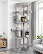 Globlazer Heavy Duty Cat Tree, 74in Sturdy Cat Tower for Large Cats Adult, Big Cat Tree with 5 Sisal Scratching Posts, 2 Padded Condos, 2 Dual-Ear Hanging Baskets, Enlarged Top Perch, S74, Light Grey