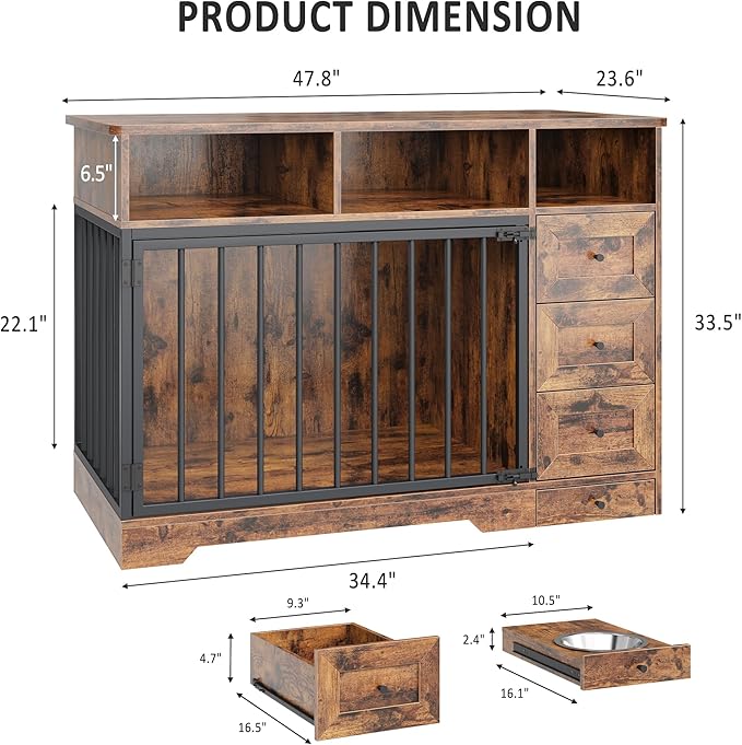 48'' Dog Crate Furniture, Farmhouse Heavy Duty Dog Kennel with Bowl & Storage Drawers, Medium Dog Cage End Table for Small Medium Dogs, Retro Brown