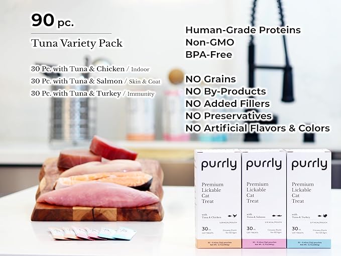 Purrly Healthy Premium Cat Treats Snack Topper Tuna Variety Bundle (90 Count) Lickable Wet Squeezable Hydrating Interactive Seafood Grain-Free Naturally Flavored Non-GMO No-Preservative