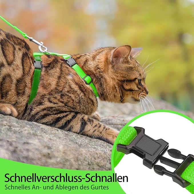 PUPTECK Adjustable Cat Harness and Leash Set Escape Proof Kitten Strap Collar for Walking Travel, Green, M