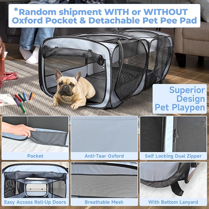 2-in-1 Dog Playpen, 46.5'' Pop Up Cat Puppy Pet Playpens Indoor/Outdoor Cats Enclosed, Cat Dog Tent Crate Cage Kennel, Portable Playpen for Kitten, Small Animals Play Pen(No Divider, Unified Space)