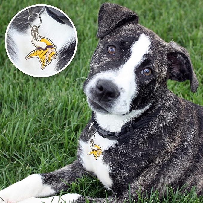 NFL Minnesota Vikings Engraving Pet ID Tags in 32 Team Logo Shapes Personalized Dog Tags and Cat Tags with 3 Lines of Customizable Text for Tracking & Safety. Stainless Steel Pet ID Tracking Tags