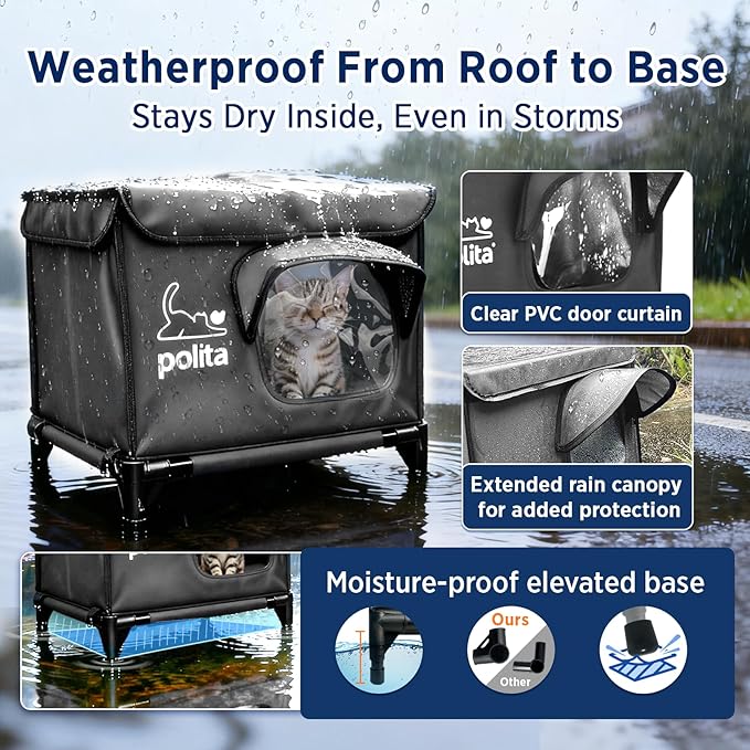 Rugged Heated Cat House for Outdoor Cats in Winter, Extremely Insulated & 100% Weatherproof, Elevated Feral Cat Shelter with Waterproof Eaves & Safe Escape Door for Stray & Barn Cats