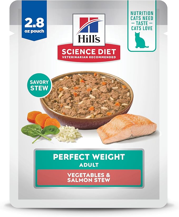 Hill's Science Diet Perfect Weight, Adult 1-6, Weight Management Support, Wet Cat Food, Salmon & Vegetables Stew, 2.8 oz Pouch, Case of 24