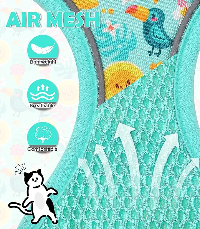 Halypet Cat Harness and Leash Set[MAX Safety 4th-Gen] Cute Escape Proof Vest Harness for Girl&Boy Cat Walking, Comfortable Adjustable Leash and Reflective Strips for Outdoor Kitten, M Green Tropics