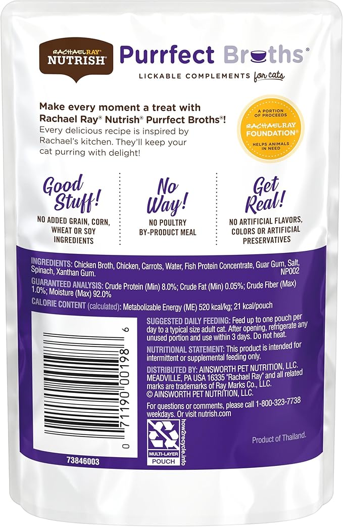 Rachael Ray Nutrish Purrfect Broths Lickable Cat Treats or Topper, Classic Chicken Recipe, Grain Free 1.4 oz. Pouch, 24 Count
