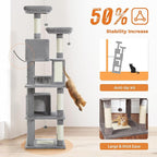 PAWZ Road 70 Inch Cat Tower, Tall Cat Tree with 2 Cozy Condos, 2 Plush Perch, Large Basket, 2 Scraching Pad & 6 Scraching Posts for Indoor Cats Large Adult, Gray