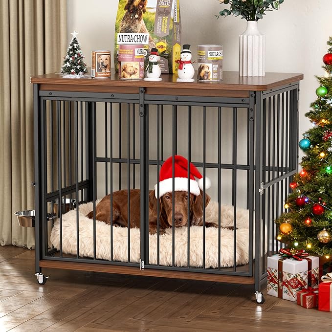 Dog Crate Furniture, 41’’ Wooden Dog Kennel Indoor with Sliding Front Door, Multi-Side Openings & Feeding Window Pet Cage House as TV Stand, End Table