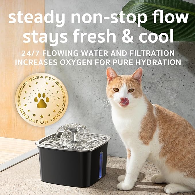 Veken Innovation Award Winner Stainless Steel Cat Water Fountain, 95oz/2.8L Automatic Pet Fountain Dog Water Dispenser with Replacement Filters & Silicone Mat for Cats, Dogs (Space Black)