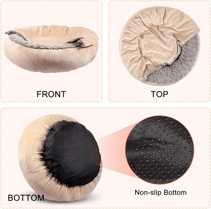 GASUR Dog Beds for Small Medium Dogs with Hooded Blanket, Cozy Cuddler Luxury Puppy Pet Bed with Blanket Attached, Donut Round Calming Anti-Anxiety Dog Burrow Cave Bed, Machine Washable 26 inch