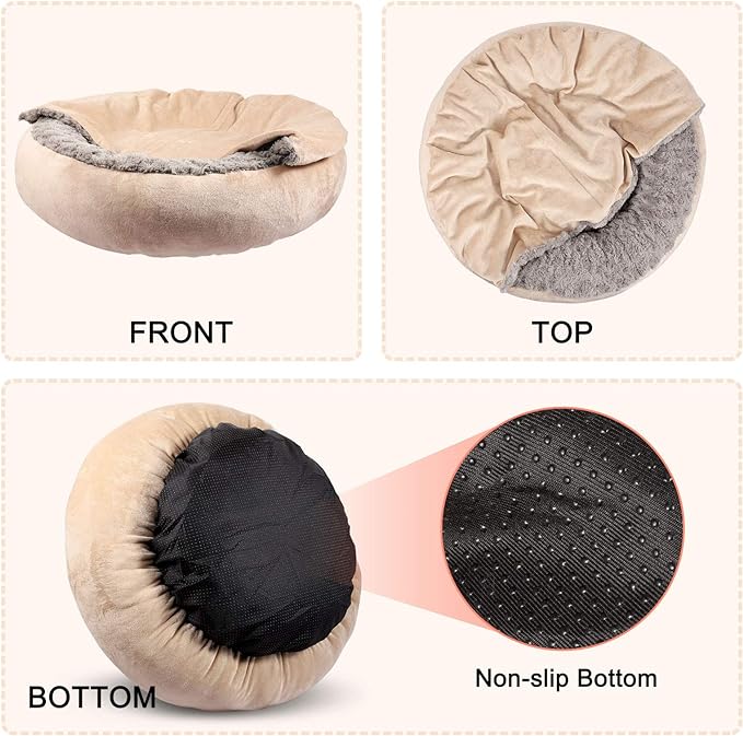GASUR Small Dog & Cat Bed, 23'' Donut Pet Bed Mat with Hooded Blanket, Anti-Anxiety Burrow Cave Bed, Cozy Puppy Bed, Machine Washable, for Indoor Pets up to 20lbs