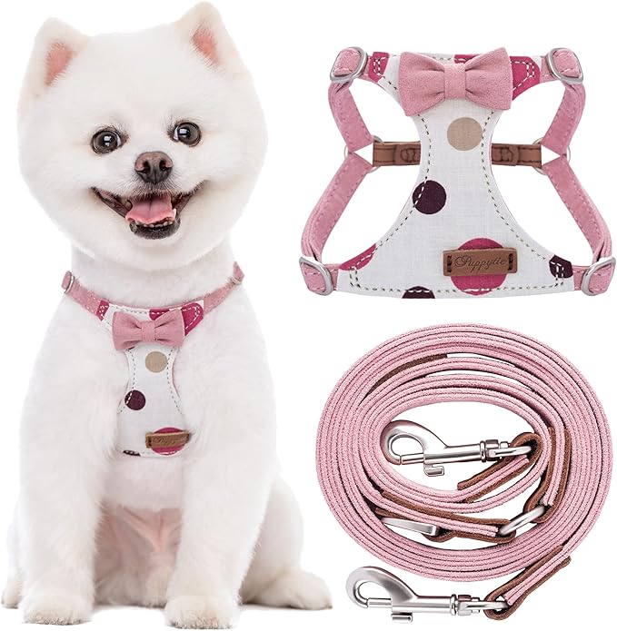 Puppytie No Pull xs Dog Harness with Multifunction Dog Leash,Soft Adjustable No Choke Escape Proof Pet Harness Vest,Polka dots Pink,XS