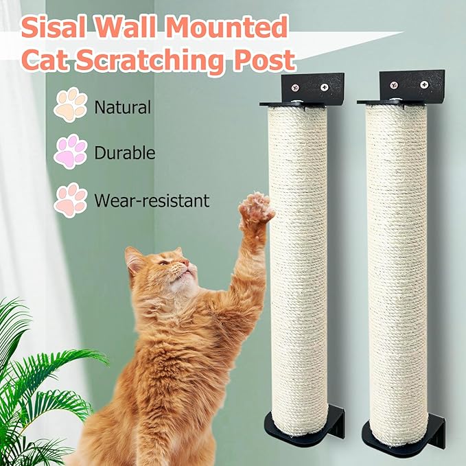 Cat Scratching Post Wall Mounted 2-in-1 Cage Mount Cat Scratcher 2 Pack Natural Sisal Kitty Scratch Posts for Indoor Kittens to Scratch and Climbing 15.7 x 2.7 inches (White)
