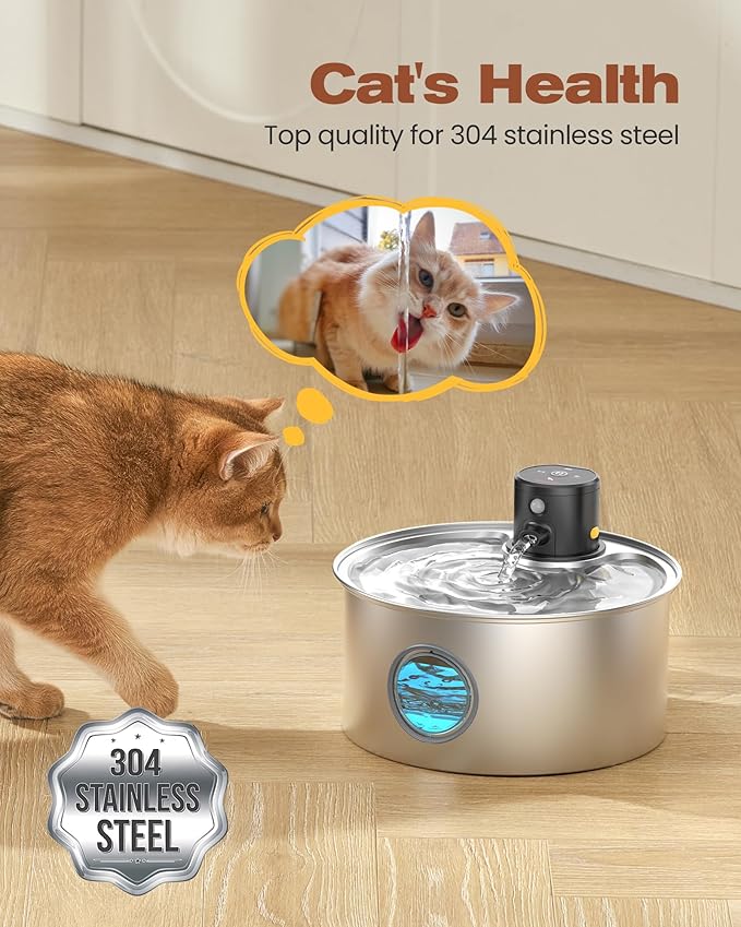 Cat Water Fountain Battery Powered: Cordless Cat Fountain Wireless - Rechargeable Pet Water Fountain Stainless Steel - 108oz/3.2L Automatic Kitty Water Fountain with Motion Sensor - 9 Filters