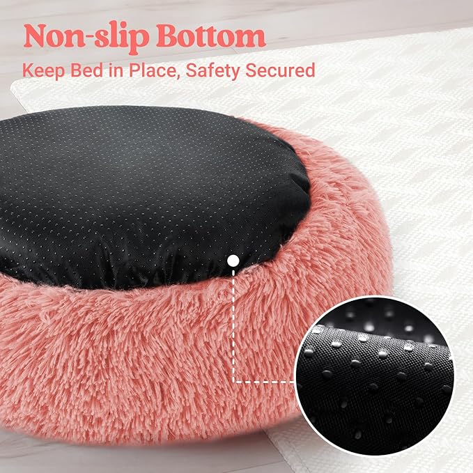 rabbitgoo Calming Dog Bed for Small Medium Dog, 27 inches Pet Bed Machine Washable, Non-Slip Round Fluffy Plush Faux Fur Dog Bed, Soft Donut Cuddler Cushion for Small Dog, Pink