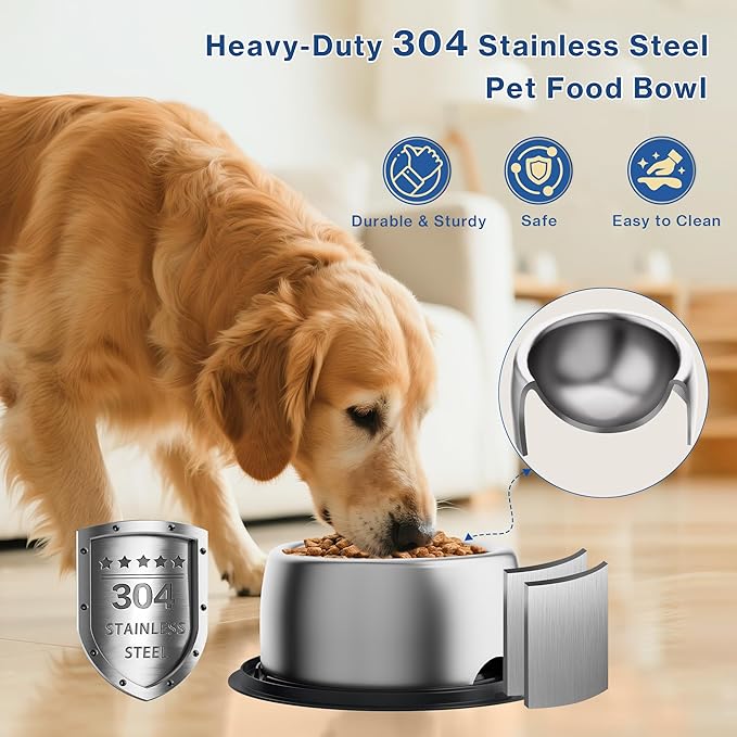 304 Stainless Steel Dog Bowls, Heavy Duty Dog Food Bowl with Extra Strong Non-Slip Mat, Thick Metal Base Water Bowl with Lick Mat for Small, Medium Dogs & Cats, Indoor/Outdoor (13.4 oz)