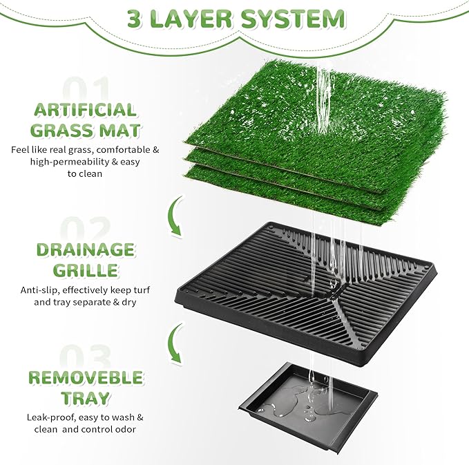 25" x 20" Dog Grass Pad with Tray, 3PCS Washable Artificial Grass Pee Pads for Indoor Dog Potty, Portable Reusable Pet Toilet for Small/Medium Dogs, 3-Layer System