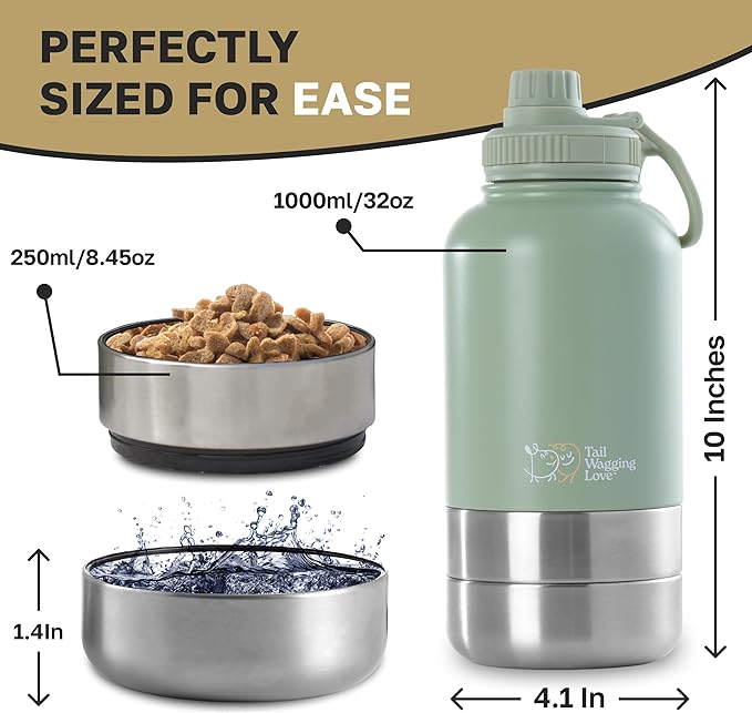 32oz 3-in-1 Portable Travel Water Bottle, Food & Hydration Bottle - Dual Use for Humans & Pets with Detachable Bowls, Stainless Steel, Keeps Water Hot for 6hrs & Cold for 12hrs