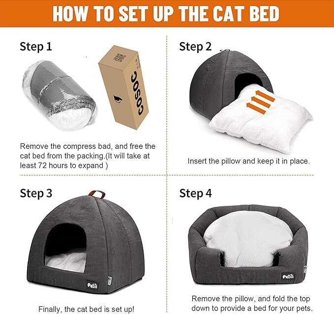 Cat Bed for Indoor Cats -Premium Pet Beds for Cats and Small Dogs, Cat Bed Cave, Comfortable Covered Cat Bed, Cat Tent, Kitten Bed, Small Animal Bed and Cat Hut with Cushioned Pillow (Medium, Grey)