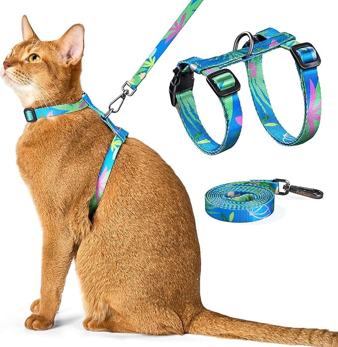 Cat Harness and Leash Set - Escape Proof Adjustable Cat Harness, Comfortable Soft Lightweight, Use Safe & Easy, Walking Travel Kitten Harness for Small Medium Large Cats (Hawaii Green)