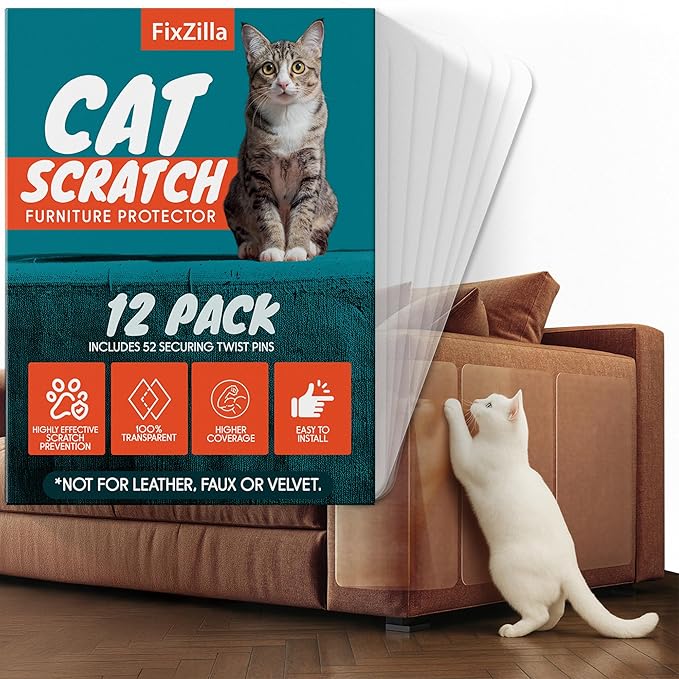 Anti Cat Scratch Furniture Protector, 12-Pack Couch Protector from Cat Claws – Heavy-Duty, Easy-to-Apply Scratching Deterrent and Shield for Sofa Corners, Walls, Doors- with 52 Twist Pins