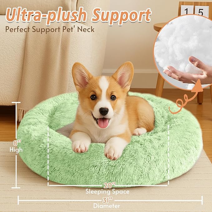 JOLLYVOGUE Small Dog & Cat Beds for Indoor Cats, Donut Cuddler Warming Soft Dog Beds with Anti-Slip Bottom, Round Calming Fluffy Plush Faux Fur Cushion Bed for Medium Dogs (31", Light Green)