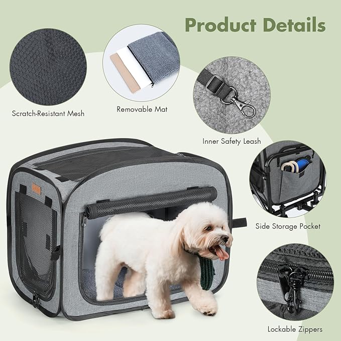 Lekereise Extra Large Pet Carrier with Wheels – Soft-Sided Foldable Rolling Cat Carrier for Puppy and Small Medium Dogs Under 30lbs, Stable & Ventilated Travel Crate for Camping and Outdoor, Grey
