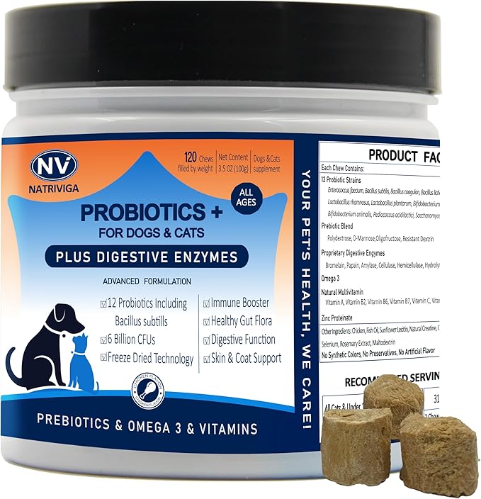 Freeze Dried Probiotics for Dogs - Chicken Flavor - 120 Chews - 6 Billion CFUs, 12 Strains + Prebiotics, Enzymes & Omega 3 for Gut Health, Digestive Health, and Skin & Coat Health