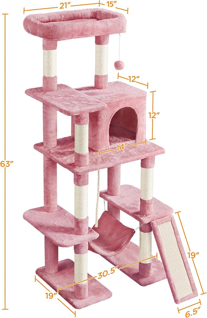 Yaheetech Cat Tree Cat Tower, 63in Multi-Level Kitten Tree w/Sisal-Covered Scratching Posts & Condo, Pet Furniture Activity Center for Kitty, Pink