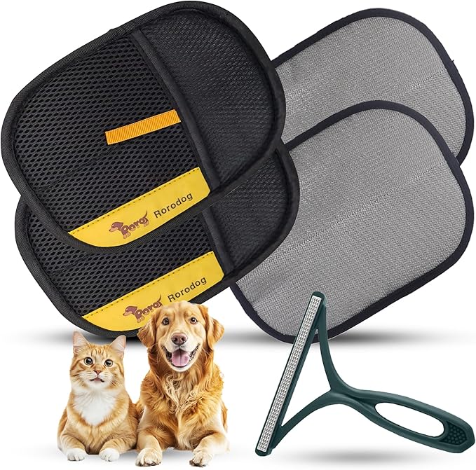 2-Pack Pet Hair Removal Gloves with A Hair/Lint Removal Tool – Remove Cat/Dog Fur from Clothing, Furniture, Car Seats, Bedding & Carpet