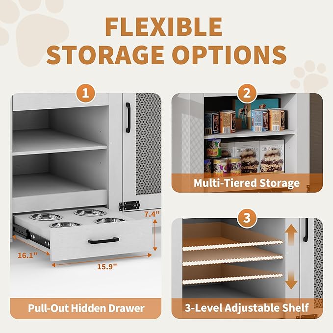 90 Inch Large Dog Crate Furniture, Double Dog Crate with Feeding Station & Storage, Heavy Duty Dog Kennel Furniture for 2 Dogs