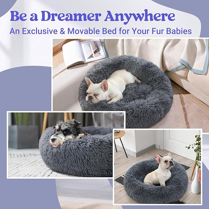 rabbitgoo Dog Bed for Small Dogs, 24 inches Washable Small Dog Bed, Fluffy Donut Dog Bed Anti-Slip, Calming Soft Plush Round Pet Bed for Dogs, Fits up to 18 lbs Pets, Dark Grey