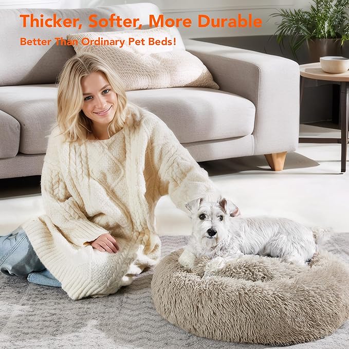 Deconovo Calming Donut Dog Bed, Washable Plush Round Pet Bed for Small Dogs & Cats with Raised Rim, Non-Slip Base and Soft Faux Fur—Lightweight, Easy-Care Design Camel 30" L x 30" W x 8" Th