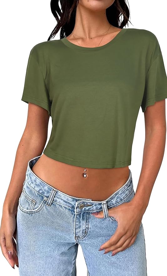 Womens Summer Crop Tops Short Sleeve Round Neck T-Shirts Loose Fit Casual Blouse