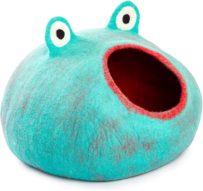 Luxurious Eco-Friendly Merino Wool Cat Cave Frog - Foldable Hideaway Pod for Indoor Cats - Premium Felt Kitten Beds - Covered Cat House for Ultimate Cozy Comfort by Woolygon