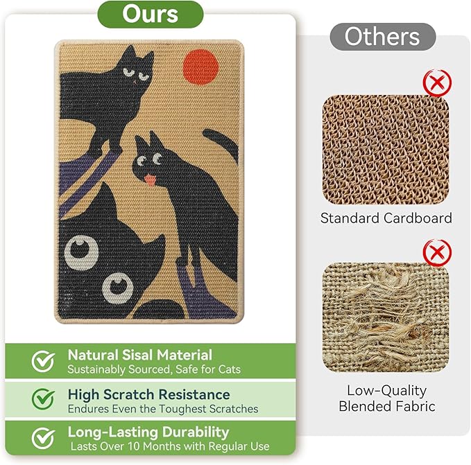 3-in-1 Sisal Cat Scratcher Mat 23.6x15.7'' Protects Carpet Couch & Furniture with Sticker Tape, Floor & Wall Cat Scratching Pad, Anti-Slip, Durable for Indoor Outdoor Cats (Warm Beige)