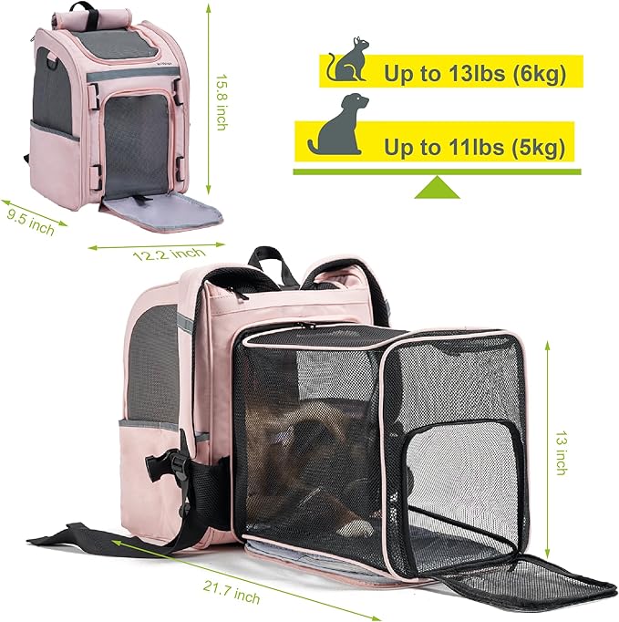 Expandable Pet Carrier, Airline-Approved Foldable and Detachable Backpack, Fits 13lbs Cat&11lbs Small Puppy Dog, for Car Travel,Camping and Emergency Transportation and Shelter (Pink)