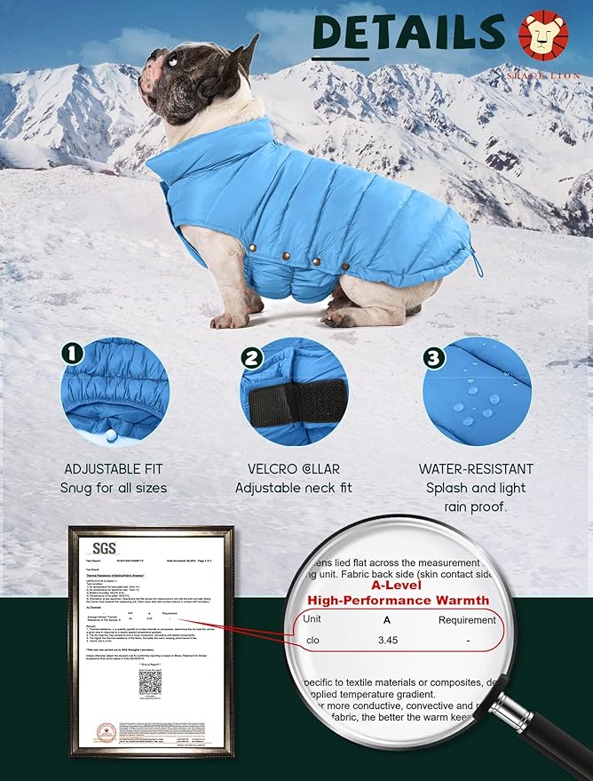 SPACE LION Puffer Jacket, Down Winter Coat, Waterproof, Windproof, Lightweight Jacket, Adjustable Fit for Small, Medium Dogs(Blue,M)