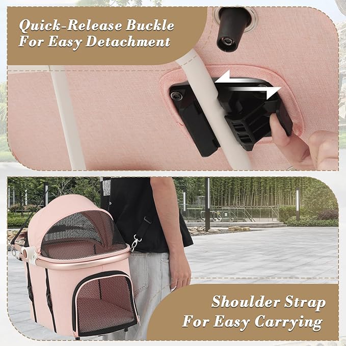 Athena collection Dog Stroller for Small Dogs,One-Hand-Fold Pet Stroller with Detachable Carrier,Lightweight Cat Stroller up to 22lbs(Soft Pink)