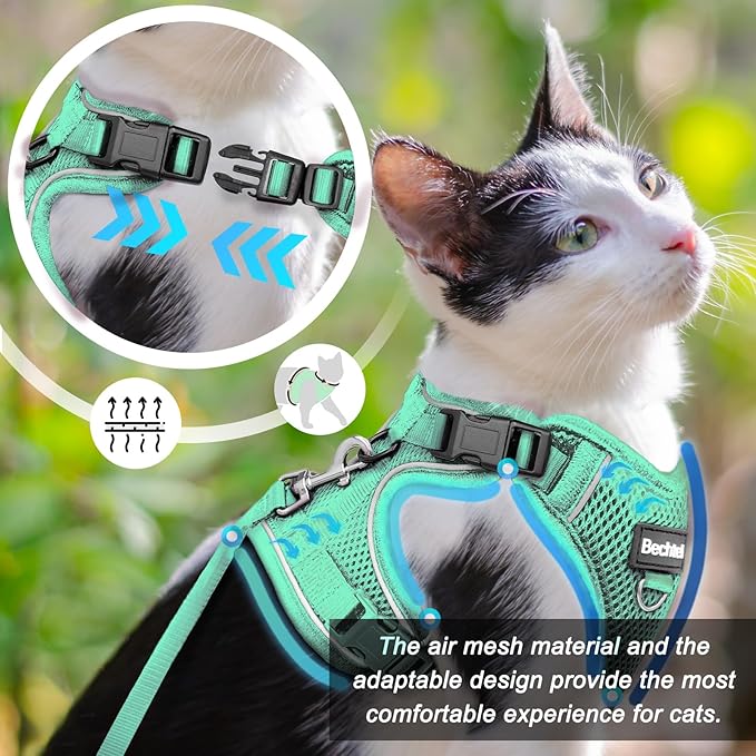 Cat Harness and Leash for Walking, The Upgrade Can be Adjusted in Four Directions and Breathable Cat Harness for Anti Escape That can be Fitted and Positioned, Reflective Strips Harness, Green,M