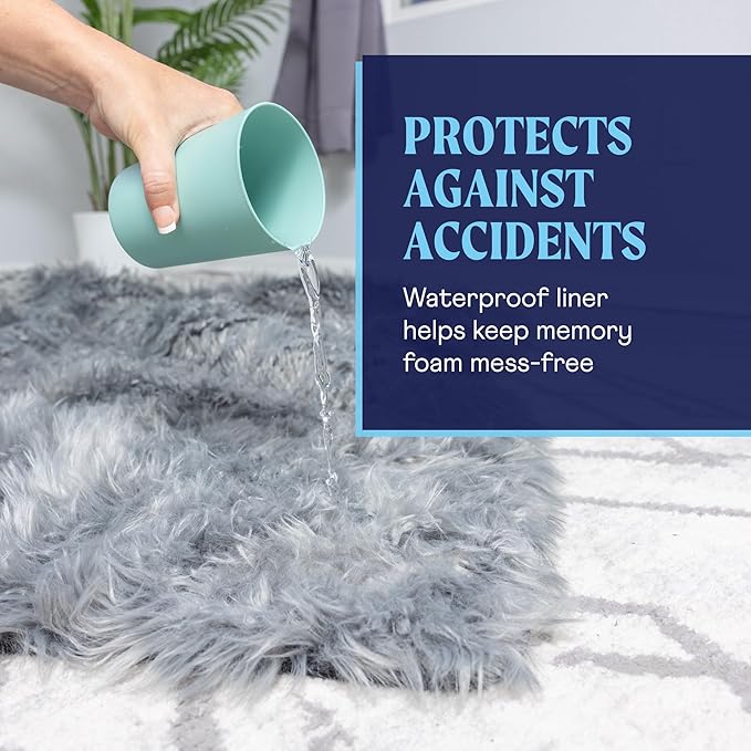 PupRug Orthopedic Dog Bed for Large Dogs with Fluffy Soft Faux Fur and Memory Foam for Joint Pain Relief, Machine Washable and Waterproof Couch Bed, White with Brown Accents, Medium