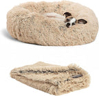 Best Friends by Sheri Bundle Set The Original Calming Shag Donut Cuddler Cat and Dog Bed + Pet Throw Blanket Taupe Small 23" x 23"