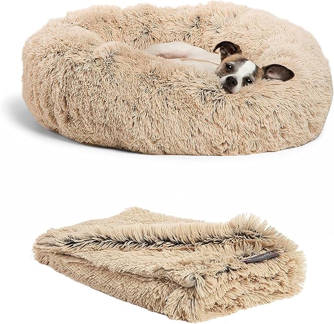Best Friends by Sheri Bundle Set The Original Calming Shag Donut Cuddler Cat and Dog Bed + Pet Throw Blanket Taupe Small 23" x 23"