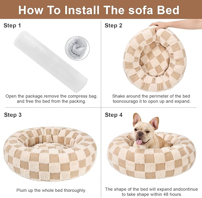 Dog Calming Beds for Small Medium Large Dogs - Round Donut Washable Puppy Dog Bed, Anti-Slip Faux Fur Fluffy Donut Cuddle Anxiety Cat Pet Bed (20" Grid)