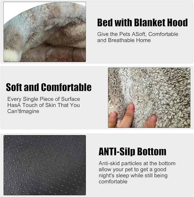 HYQ Cat Beds for Indoor Cats, Small Dog Bed with Cover Cave, Cozy Cat Cave Bed, Round Puppy Bed with Hooded Cover, Dog Beds for Small Dogs with Anti-Slip Bottom(Khaki Texture, 16×16 Inch)