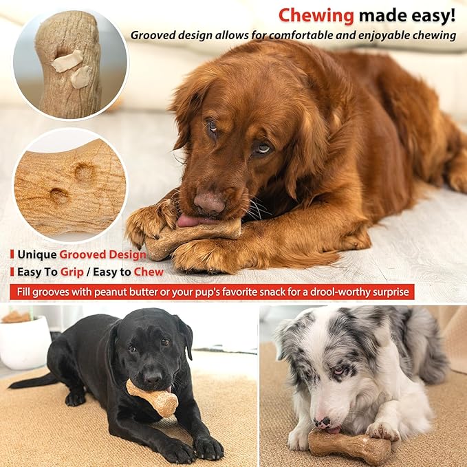 Willjoy 3-Pack Dog Chew Toys for Aggressive Chewers, Pine Wood & Tough Nylon, Bone Shaped Indestructible Dog Toy, Natural Looking Grooves & Textured, Bacon Flavor Large Dog Toys to Keep Them Busy
