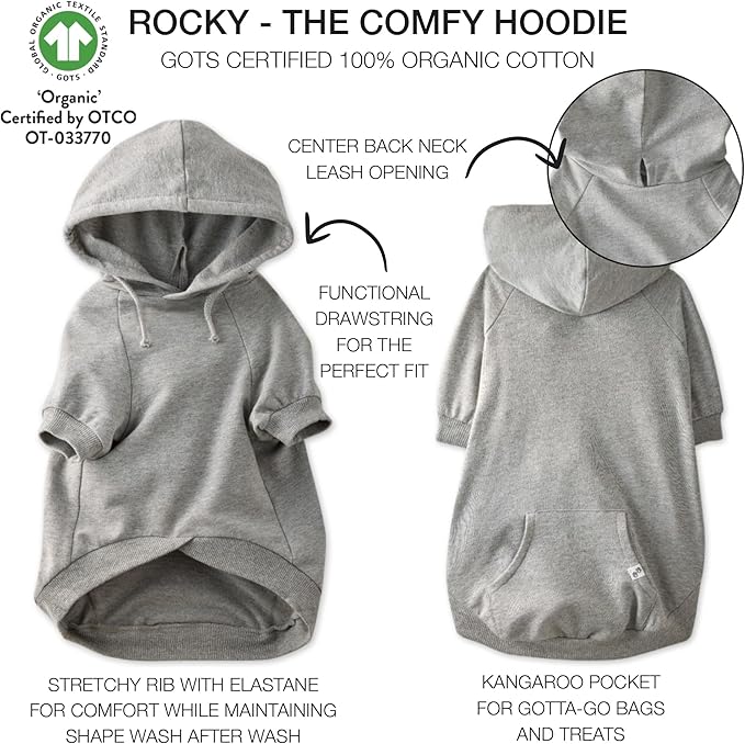 Rocky – The Orginal Lightweight Hooded TEE 100% Organic Cotton Dog Hoodie Pet Coat Sweater for Small, Medium, Large Dogs, Heather Gray, Medium