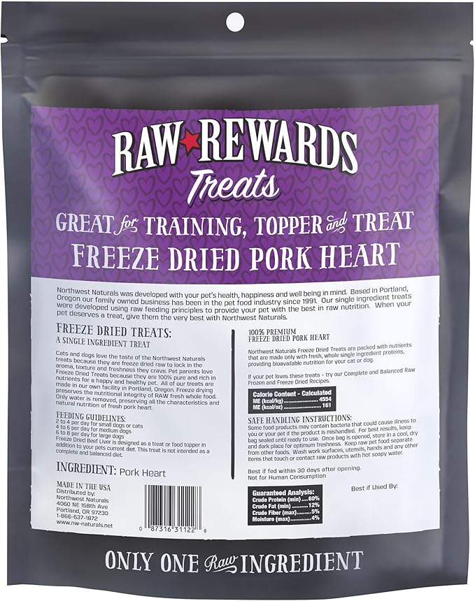 Northwest Naturals Raw Rewards Freeze-Dried Pork Heart Treats for Dogs and Cats - Bite-Sized Pieces - Healthy, 1 Ingredient, Human Grade Pet Food, All Natural, Proudly Made in USA, 10 Oz
